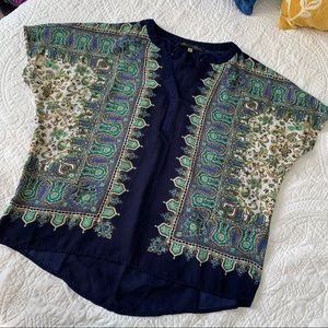 Rose & Olive - Blue, Green, and White Patterned Top - Size M